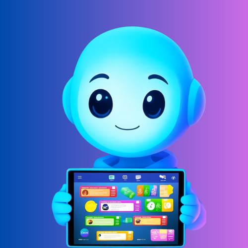 Lumia el personaje de EducreAI sosteniendo una tablet con paneles de herramientas digitales de IA en el aula