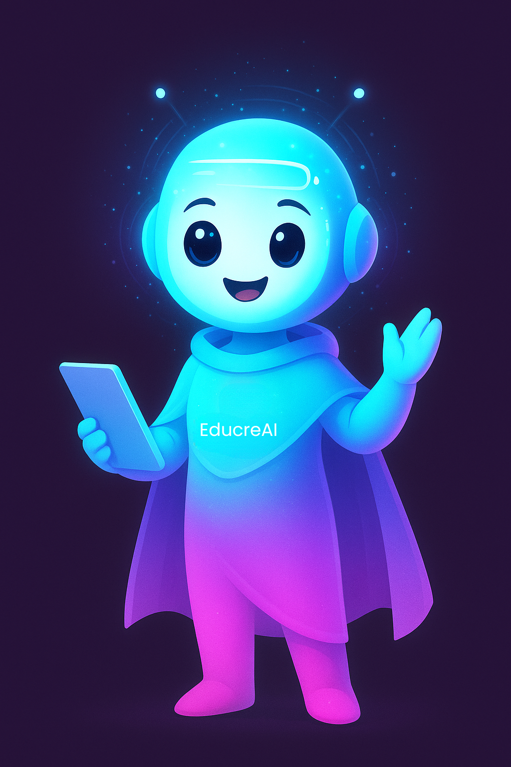 Lumia el personaje de EducreAI es un robot futurista amigable de color magenta y cian