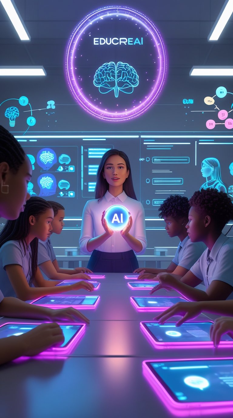Una docente en clase que representa la transformación de la educación mediante IA y la tecnología con sus alumnos en clase , los alumnos estan alrededor de la docente con sus tablets, de fondo una pizarra digital y justo encima de la profesora un holograma de un cerebro y el nombre EDUCREAI