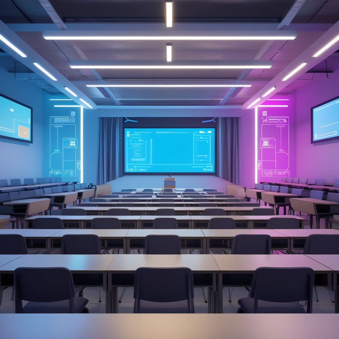 Una clase futurista con pizarras digitales y pantallas